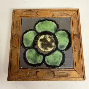 Vintage Vitroceramica Spain Tile Trivet Wood Frame Green Flower Hand Painted 6"